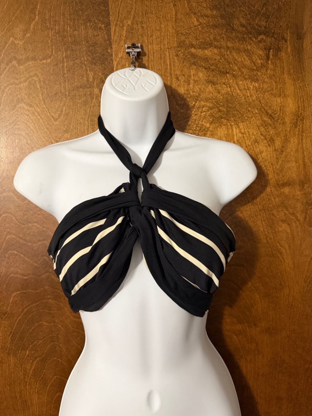 Liz Claiborne Black Halter Twist Bandeau with Cream Stripes